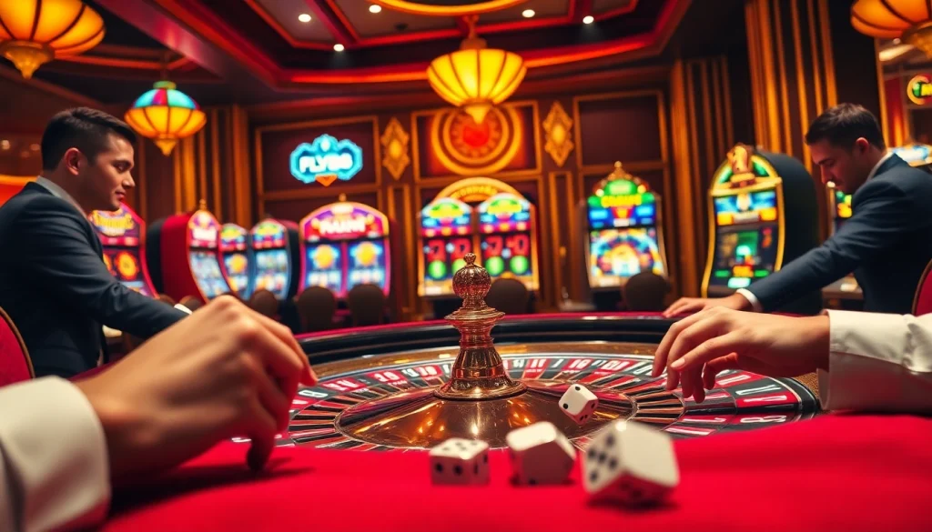 Experience the excitement of FLY88 with vibrant casino visuals, roulette tables, and rolling dice.