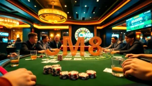 Engaging players enjoying a thrilling poker game at a lavish casino with CM88 branding.