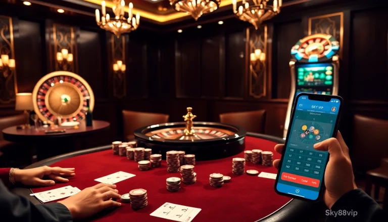 Experience thrilling gambling at sky88.vip with a luxurious poker table and elegant decor.