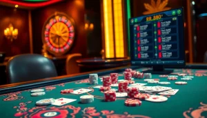 Experience the excitement of RR88 casino gaming at a vibrant table with cards and chips.
