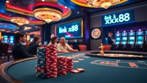 Experience the thrill of link xx88 at a luxurious poker table with vibrant casino atmosphere.