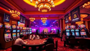 Engage in thrilling games at LIÊN MINH KJC casino, featuring vibrant tables and eager players.