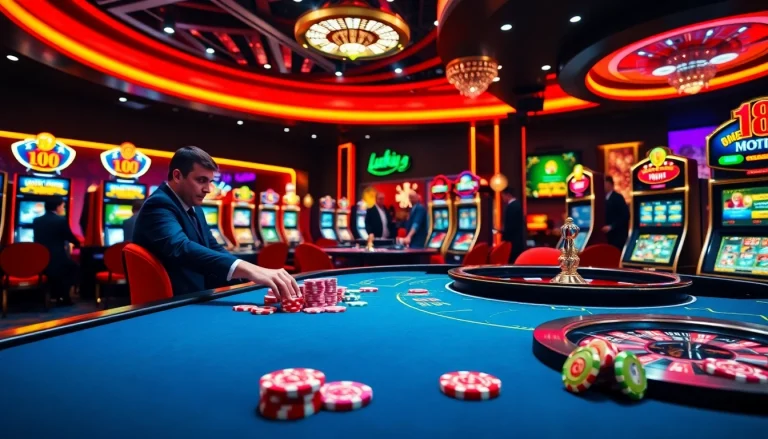 Players enjoying a thrilling game at luck8 casino table with vibrant poker chips and roulette.