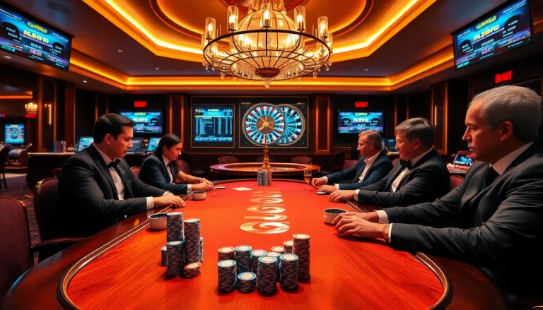 Engaging gamblers in the luxurious GG88 casino with poker chips and a roulette wheel.