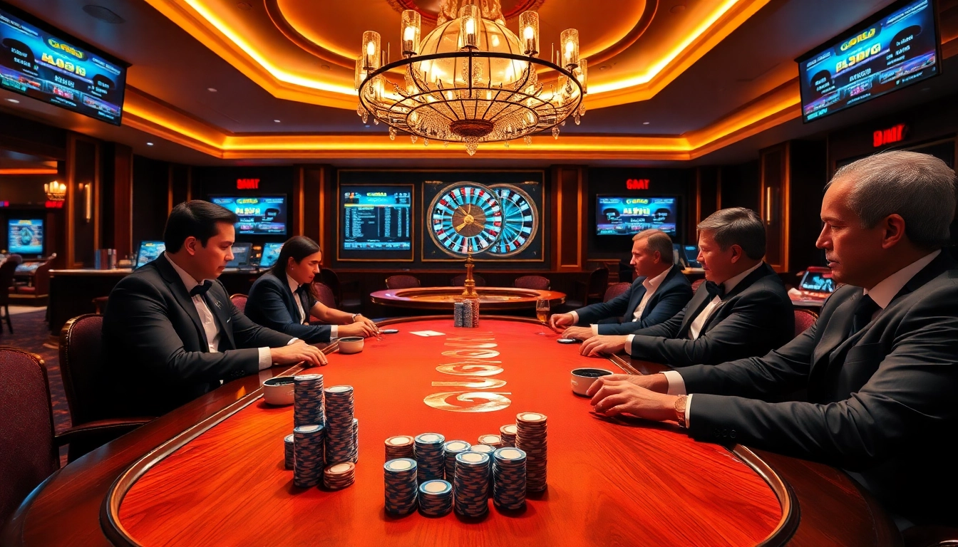 Engaging gamblers in the luxurious GG88 casino with poker chips and a roulette wheel.