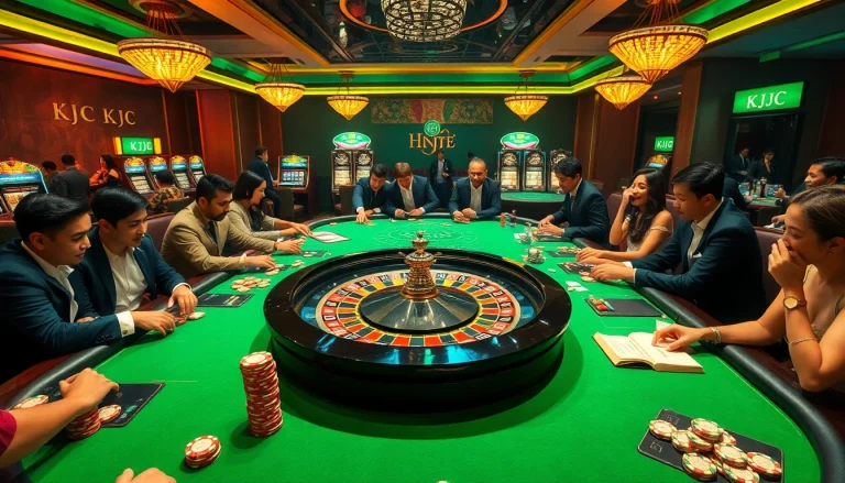 KJC players strategizing at a luxurious casino table with poker chips and vibrant roulette wheel.