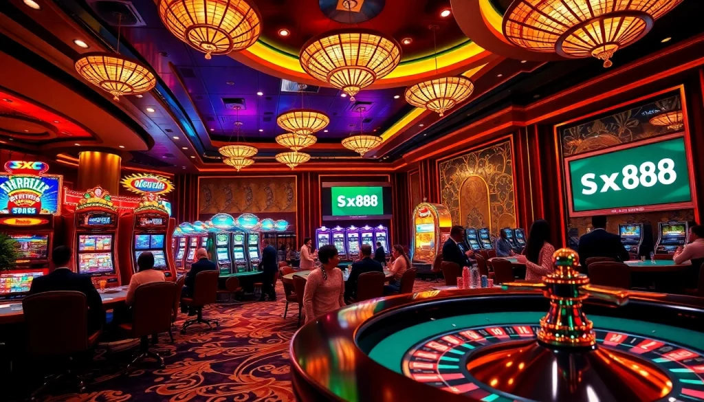 Experience the excitement of sx888 at a vibrant casino with engaging players, slot machines, and roulette.