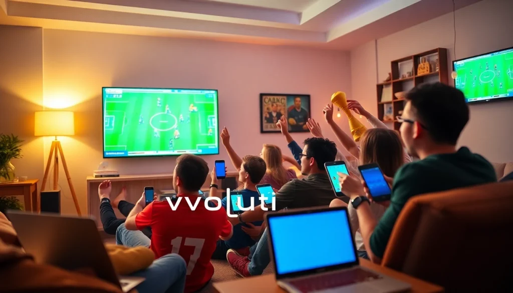 Engaged fans watching a live football match on vaoluoi tv from their cozy living room.