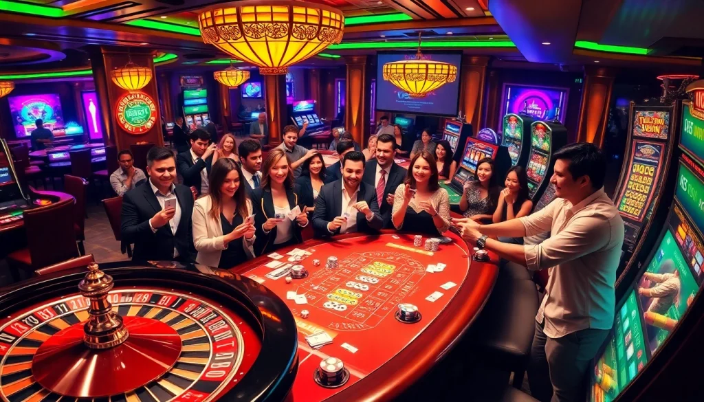 Experience an exhilarating gambling scene at 98win58's luxurious casino tables with vibrant neon lights.