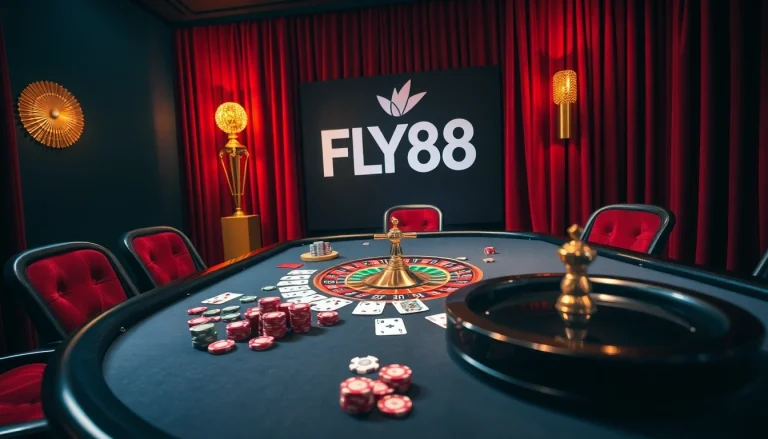 Playing high-stakes poker at FLY88 casino, showcasing vibrant chips and cards.