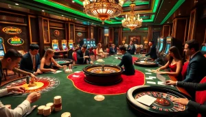 Experience the excitement of GO 88 at a luxury casino table with dealers and eager players.