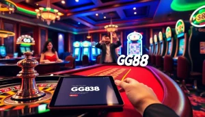Experience the excitement of gaming with GG88 on a vibrant casino floor filled with roulette wheels and slot machines.