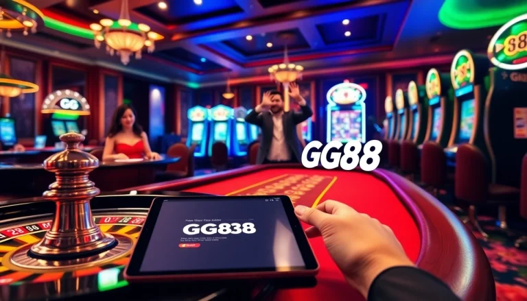 Experience the excitement of gaming with GG88 on a vibrant casino floor filled with roulette wheels and slot machines.