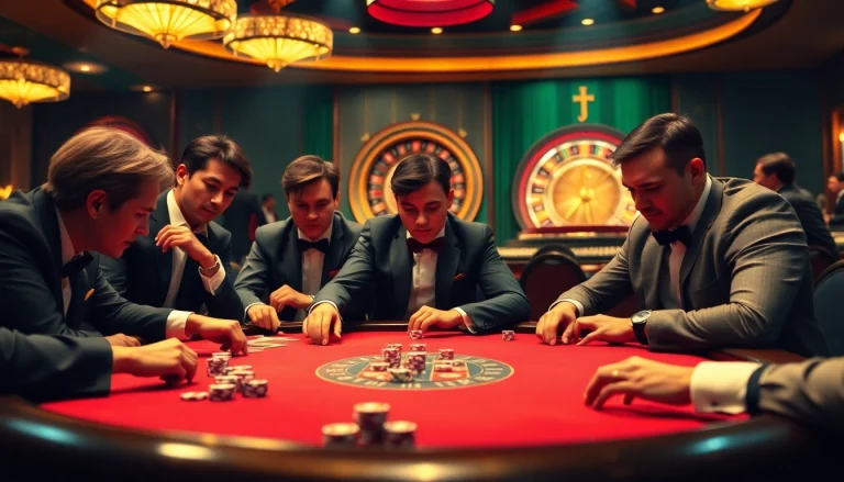 Players engaged in an exciting card game at a luxurious casino table featuring elements from https://vua88h.com/.