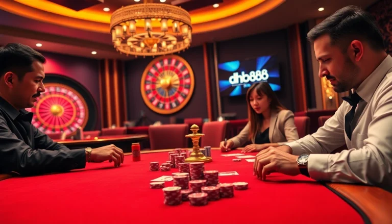 Gamblers strategically engaging at a casino table themed around dh888, with vibrant casino elements.