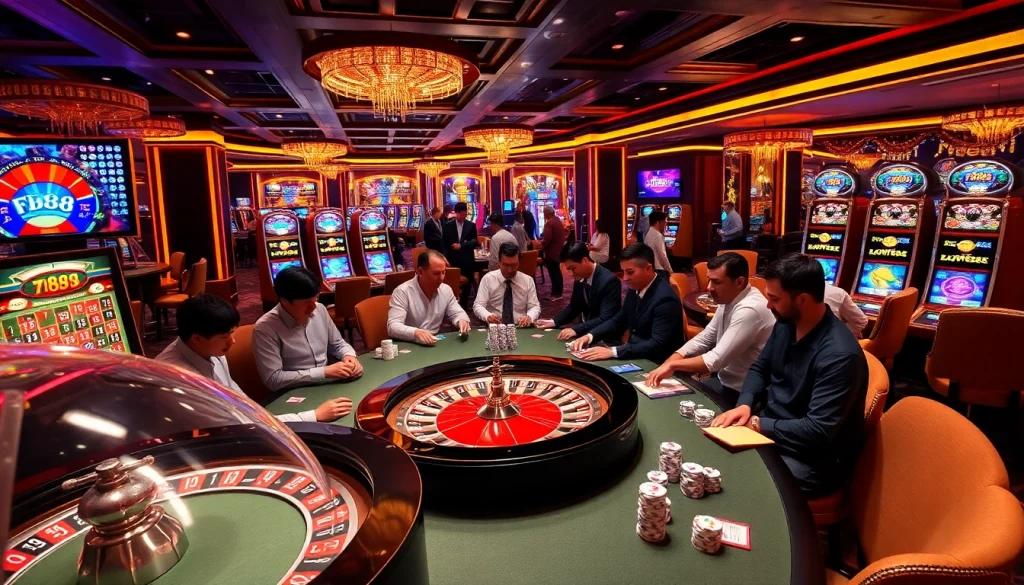 Experience the excitement at fb88 with players gathering around stunning casino tables.