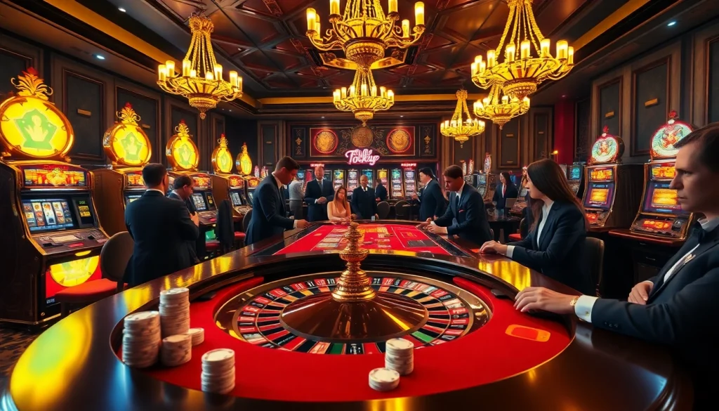 Engage with immersive gambling excitement at luckywin casino with roulette, poker chips, and vibrant slot machines.