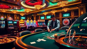 Experience high-stakes poker at rikvip, showcasing an elegant casino atmosphere with poker chips and cards.