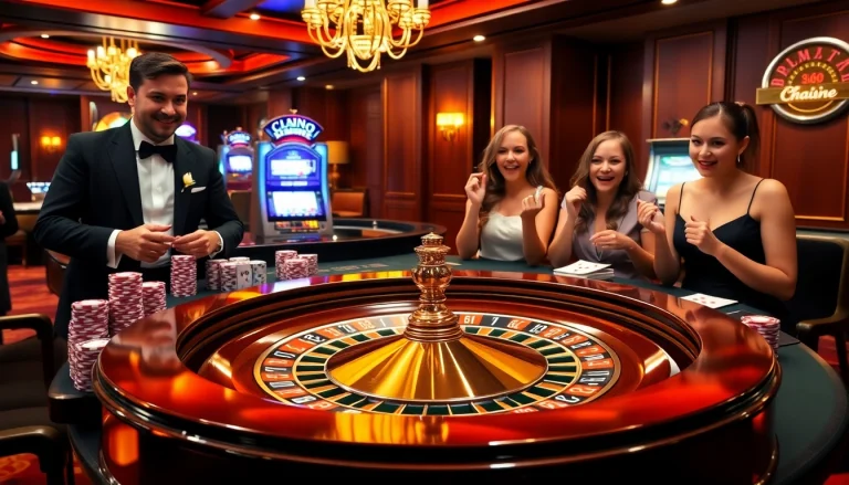 Gambling scene at w88 trang chủ with roulette wheel, poker chips, and excited players.