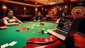 Players strategizing at a poker table in a luxurious casino environment linked to https://s801.online/ and online gambling.