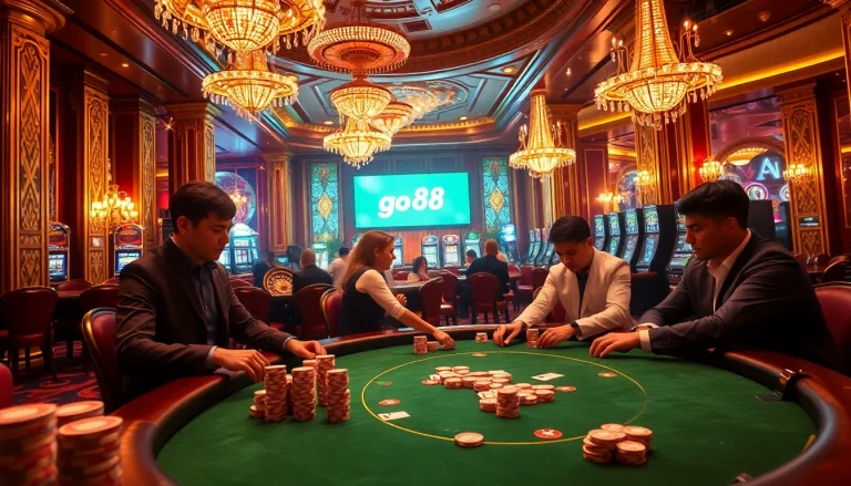 Engaged players enjoying the go 88 vip experience at a glamorous poker table in a luxurious casino.