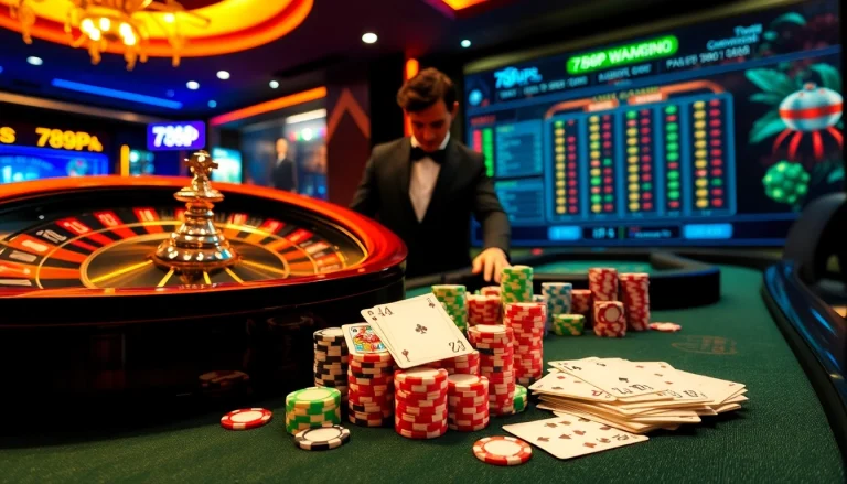 Exciting scene of luxury casino gaming with 789P roulette and blackjack tables.
