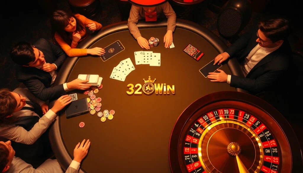 Experience thrilling gaming action at 32Win with players engaged at a high-stake poker table.