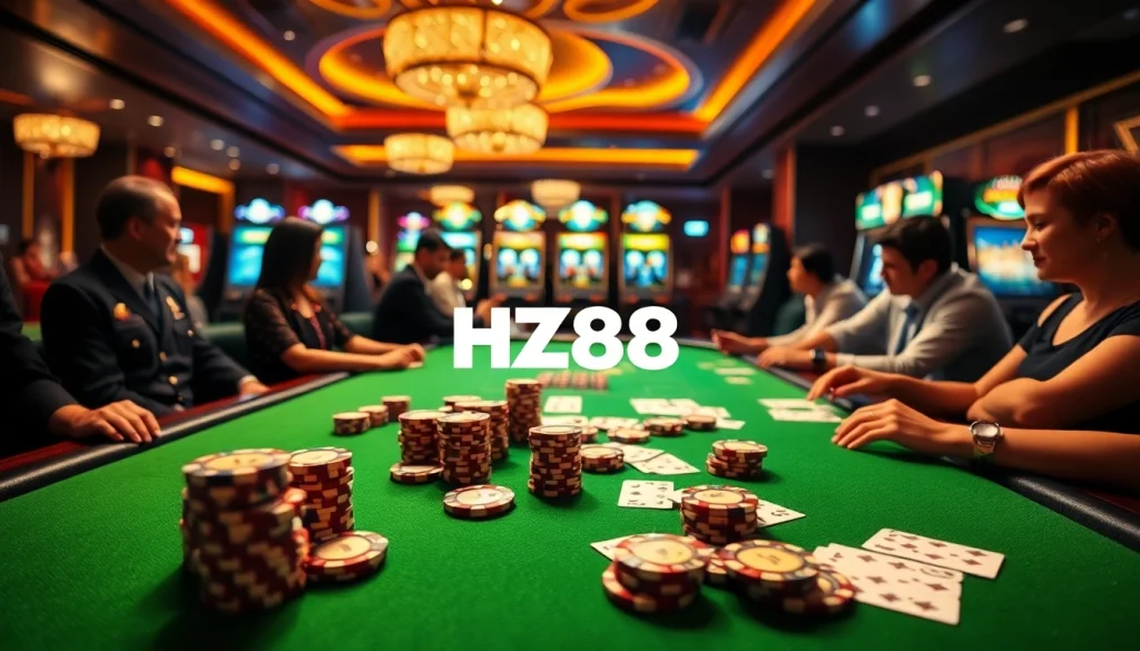 Engaging casino players at HZ88 poker table with colorful chips and cards.
