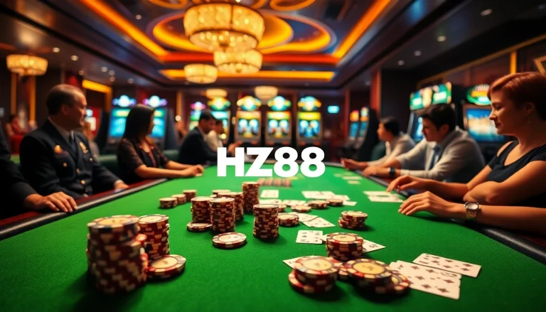 Engaging casino players at HZ88 poker table with colorful chips and cards.