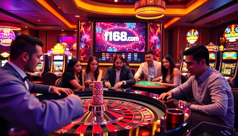 Engaging players at f168info.com enjoying roulette, poker, and lively slot machines in a vibrant casino atmosphere.