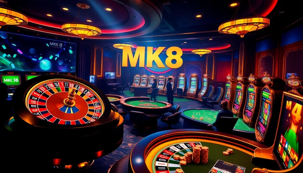 Action-packed gaming scene showcasing MK8 online gambling with poker tables, roulette wheels, and vibrant slot machines.