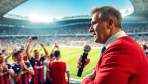 Sports Broadcasting in action at a bustling stadium with an engaged commentator.