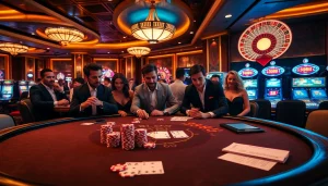 Experience the thrill of gambling at a high-stakes poker table featuring 88i betting chips amidst a vibrant casino ambiance.
