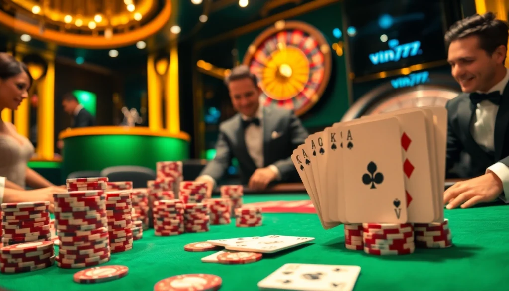 The thrilling atmosphere of vin777 is captured in this luxury casino scene featuring poker and roulette.