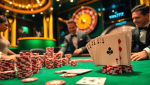 The thrilling atmosphere of vin777 is captured in this luxury casino scene featuring poker and roulette.