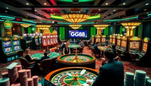 GG88 casino scene with vibrant tables and players enjoying slots and poker.