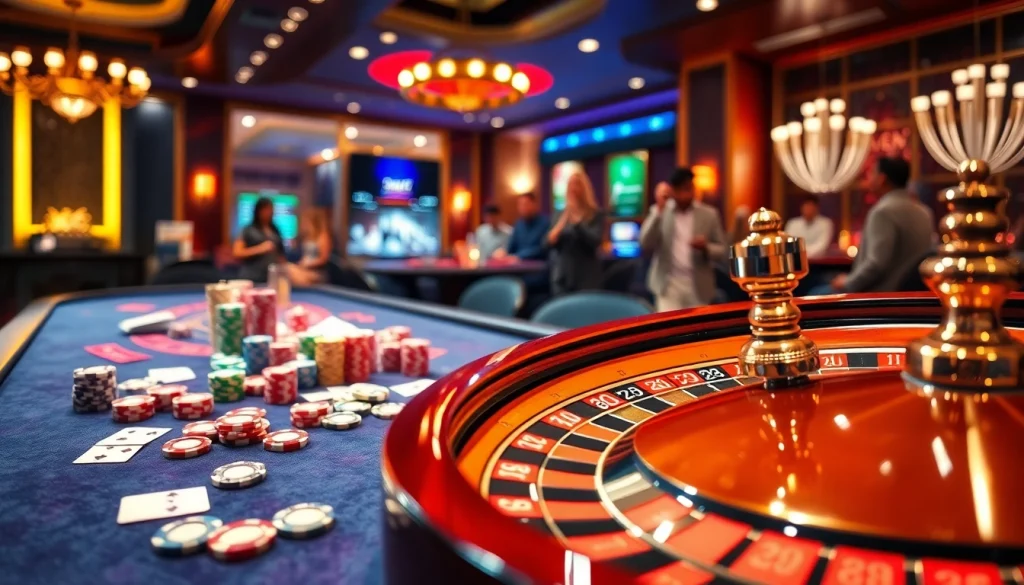 Thrilling online gaming experience at THABET with poker chips and a roulette wheel.