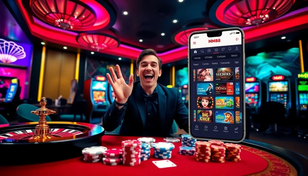 Experience the thrill of MM88 with poker chips and exciting game options in a luxurious casino atmosphere.