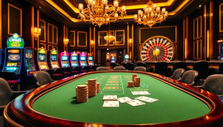 The vibrant blackjack table at https://king88sa.com/ depicts an exciting online casino environment with stacked chips and elegant cards.