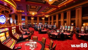 Players enjoying high-stakes games at the luxurious ww88 casino with vibrant tables and slot machines.