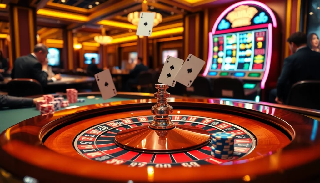 Players enjoying a casino experience at a roulette table, featuring 88i chips and vibrant poker action.