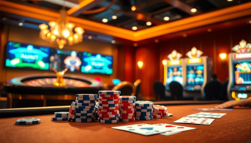 Experience the thrill of đăng ký 33win at an elegant casino table filled with poker chips and cards.