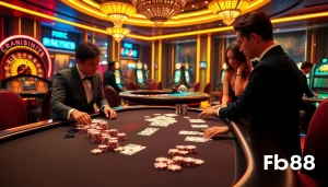 Experience the thrill of Fb88 with vibrant casino scenes showcasing gamers in action.