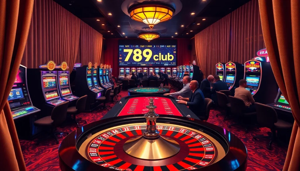 Players enjoy thrilling games at 789club casino, surrounded by vibrant slot machines and poker tables.