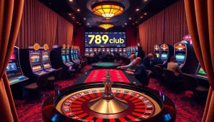 Players enjoy thrilling games at 789club casino, surrounded by vibrant slot machines and poker tables.