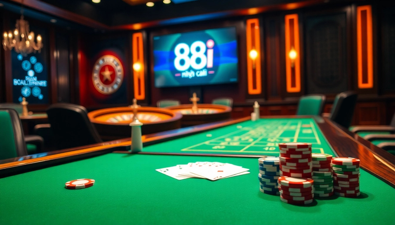 Experience thrilling gameplay at 88i nhà cái with professional casino tables and vibrant poker chips.