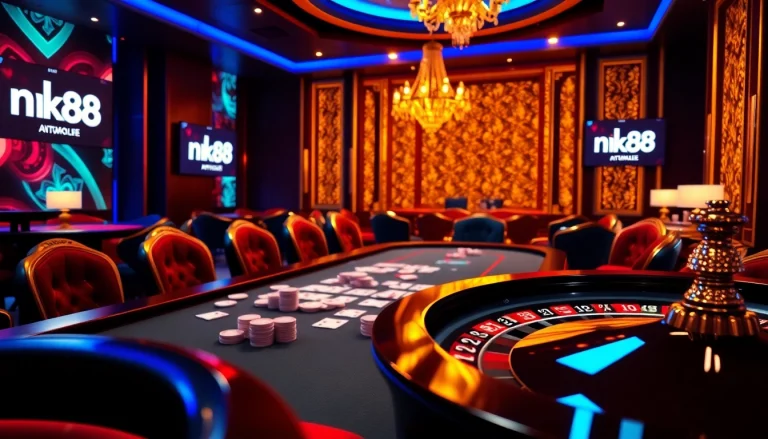 Experience a thrilling nk88 casino atmosphere with luxurious poker setups and vibrant gaming elements.