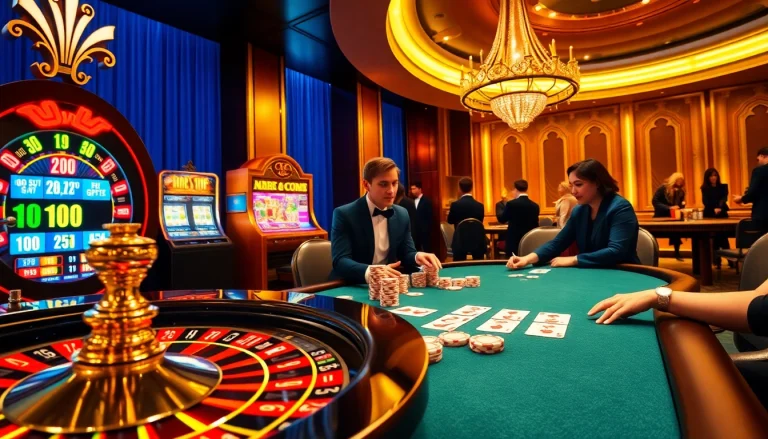 Engaging scene of players at a sumvip club casino table, showcasing poker chips and excitement.