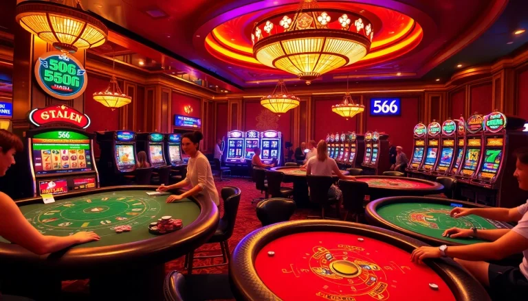 Players enjoying an exciting experience at a sophisticated casino featuring 566 elements with poker and slot games.