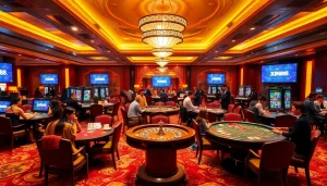 Experience the thrill of XIN88 đăng nhập at a luxurious casino with vibrant gaming elements.